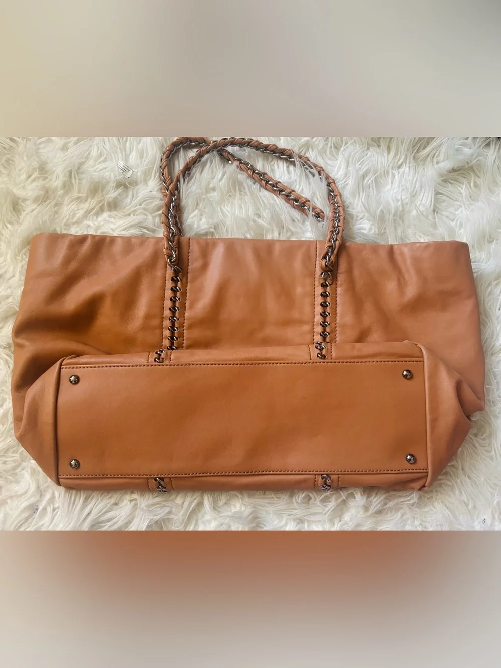CHANEL Tan Leather Chain-Strap Tote with Stitched CC Emblem